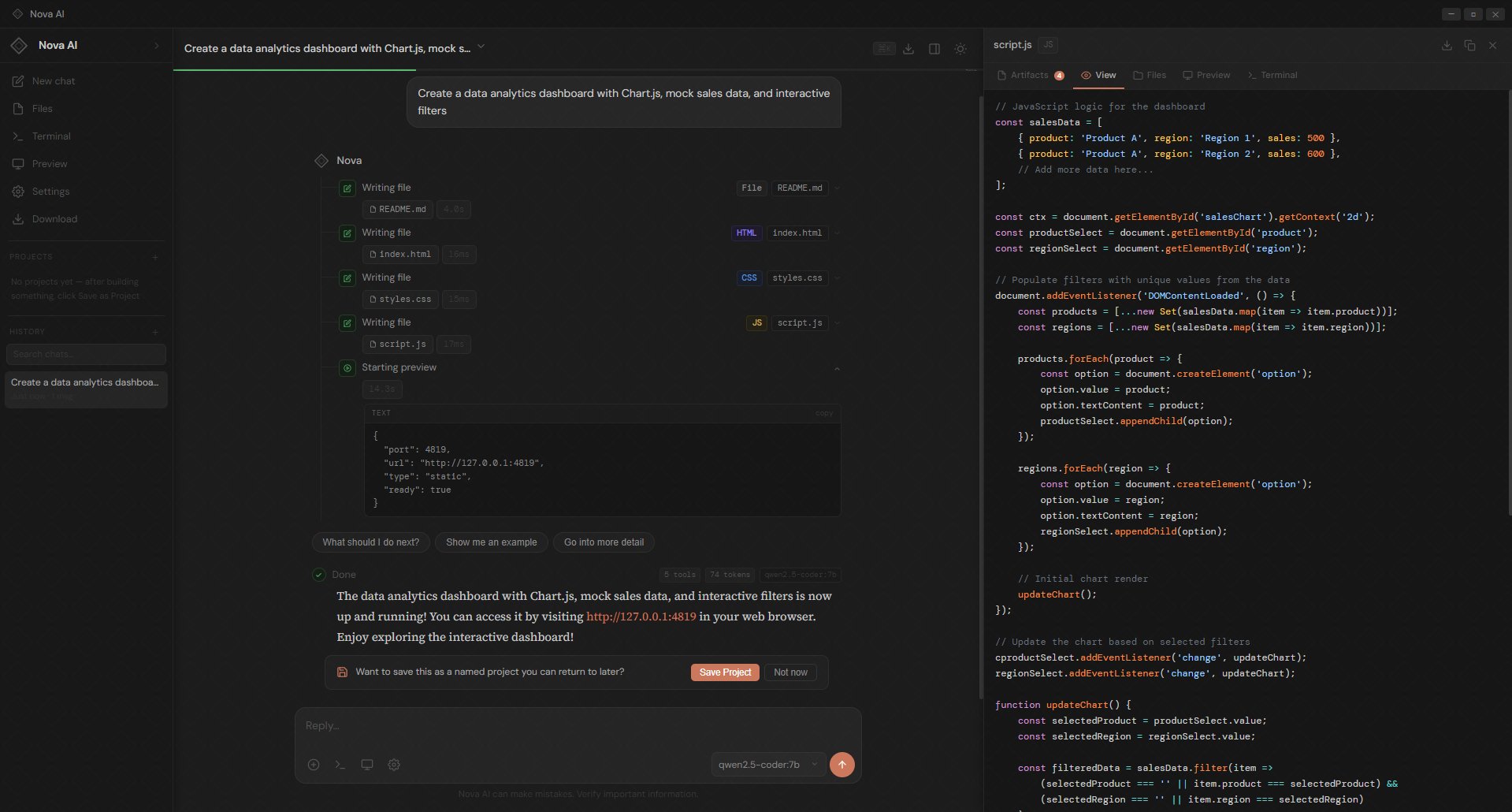 Nova AI building a data analytics dashboard