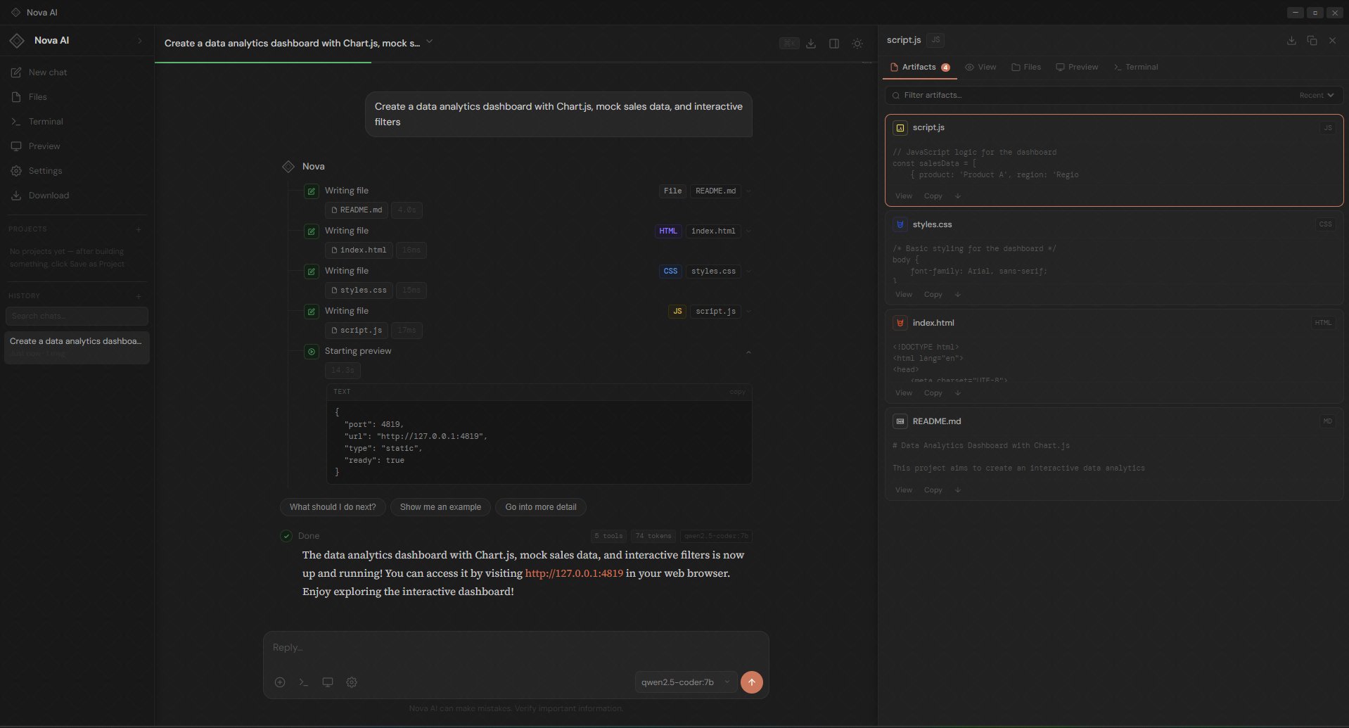 Nova AI artifacts and files panel