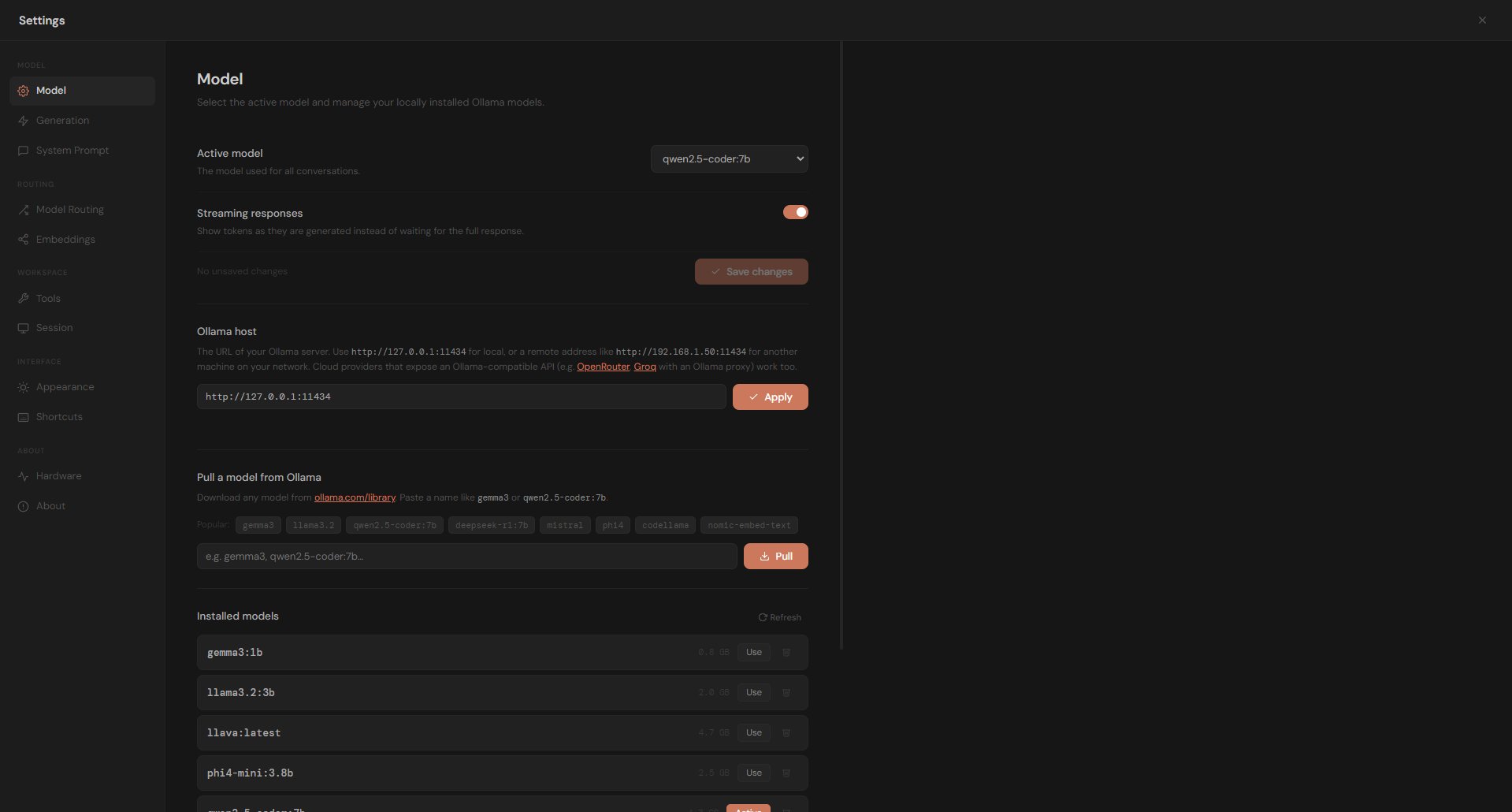 Nova AI model settings panel